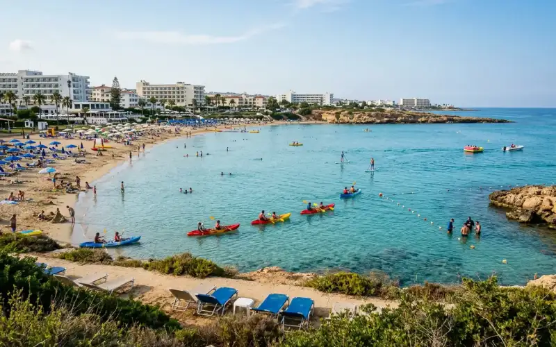 Families enjoy watersports fun on the beautiful beaches of Protaras, a perfect family resort destination