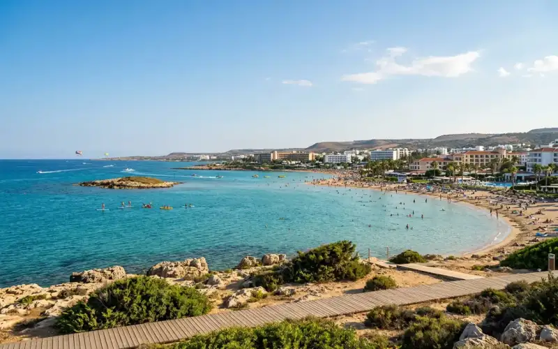 Families enjoy crystal-clear waters and thrilling water sports at a top-rated Protaras beach in Cyprus