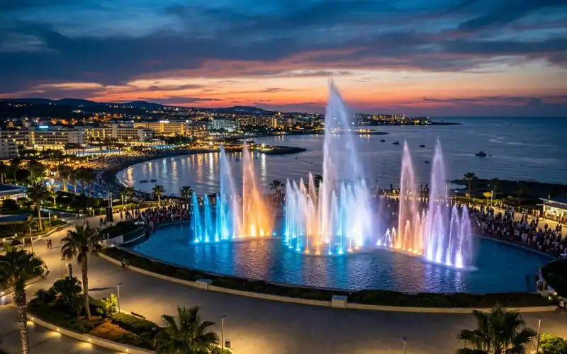 Spectacular Magic Dancing Fountains dazzle visitors at Protaras, Cyprus, a perfect family beach resort destination